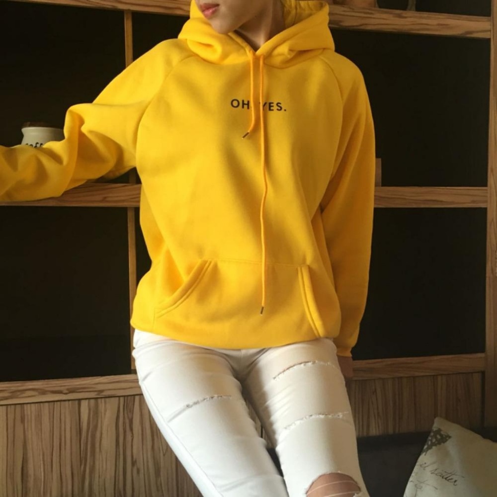 Oh YES Yellow Hoodie Pullover Sweatshirt - Picture 1 of 3